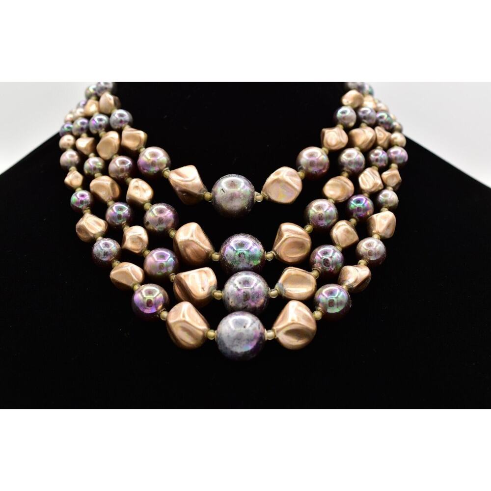 Japan Vintage Beaded Necklace Multi-Chain Layered Gray Taupe Chunky Signed Bin7A